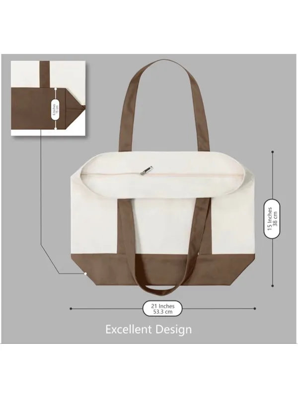 Women's Beige and Brown Canvas Tote Bag, One Size - Image 2