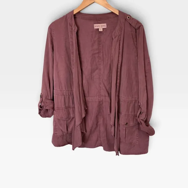 Knox Rose Mauve Utility Jacket Open Front Draped Lyocell Boho Purple Medium - Image 2