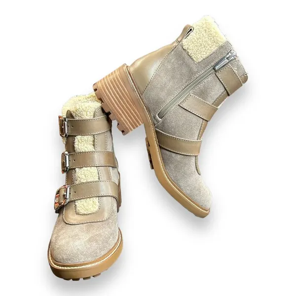 Vince Camuto Klerica Leather and Faux Fur Moto/Hiker Boot Taupe Size‎ 7M - Image 6