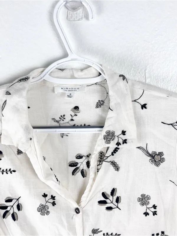KIRIOUS Floral Embroidered Linen Blend Short Sleeves Tie Front Crop Top Small - Image 7