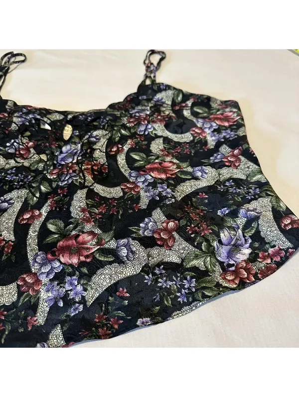 Vintage Victoria’s Secret Black Floral Pajama Lingerie Cropped Cami Top Sz Large - Image 6