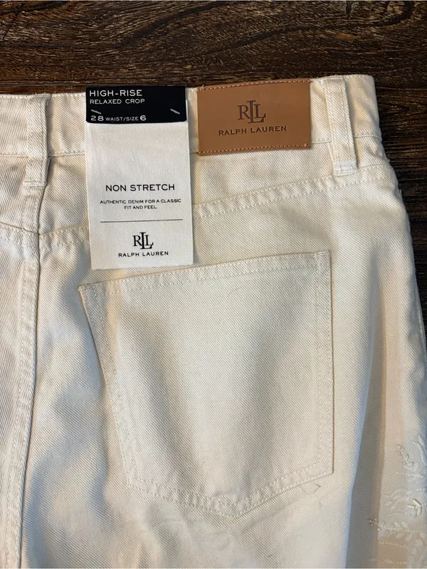 Lauren Ralph Lauren Wide Leg Jeans Womens 6 Ivory NWT Floral Beaded High Rise - Image 9