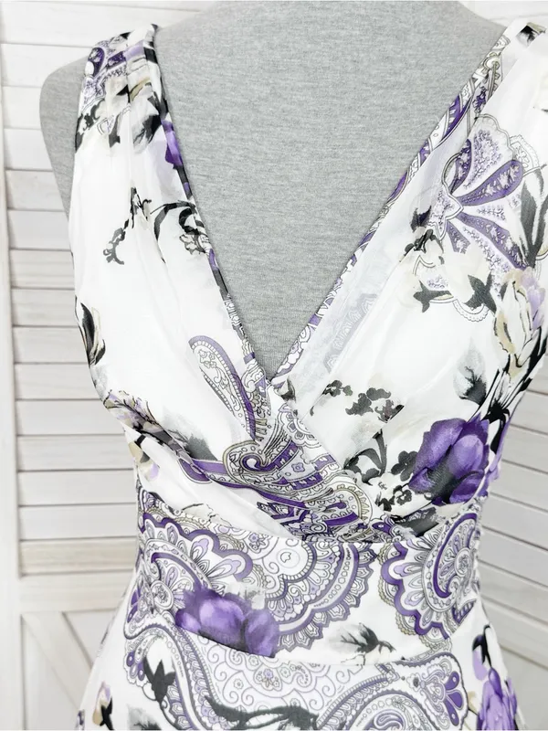 WHBM Floral Paisley Chiffon Fit Flare Sleeveless Dress White Purple Size 6 Fairy - Image 5