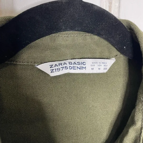 Zara Basic Z1975 Denim Military Utility Jacket Olive Green Embroidered Bird M - Image 2