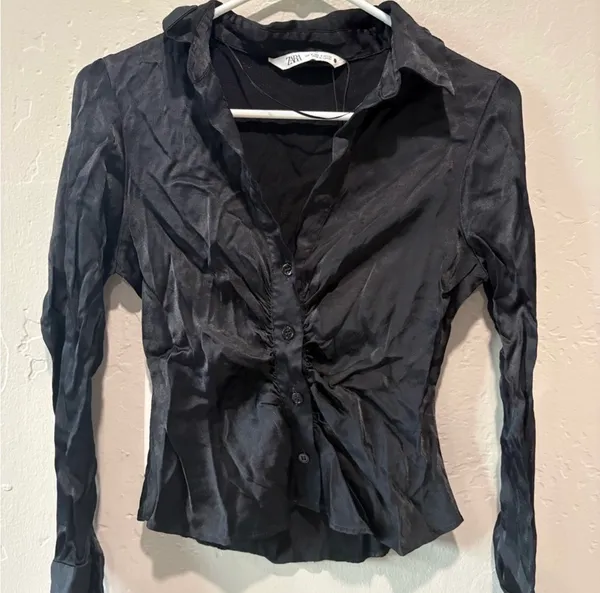 Zara Black Satin Ruched Blouse - Image 2