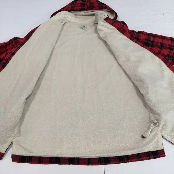 LL Bean Red Buffalo Plaid Fleece Lined‎ Flannel Hooded Shirt Jacket Shacket XS - Image 6