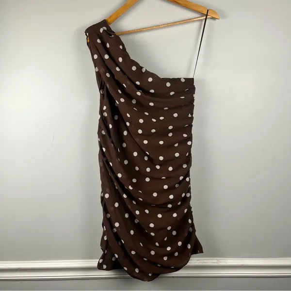 New Abercrombie & Fitch One-Shoulder Polka Dot Dress Brown White Size Medium - Image 9