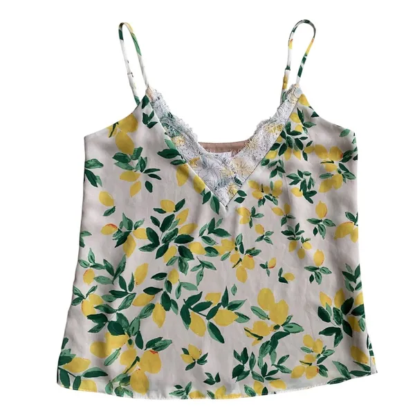 Socialite Womens Small‎ Lemon Print Lace Trim Cami Top Adjustable Straps Yellow - Image 3