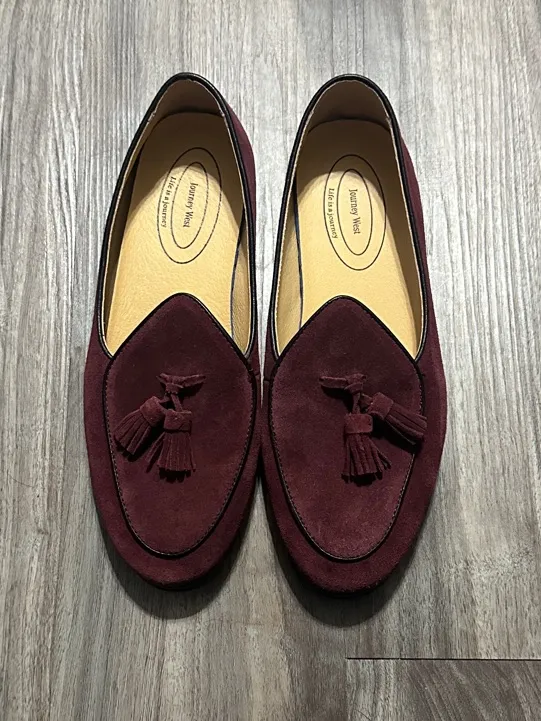 Journey West, Women's Tassel Loafers in Deep Wine Suede. - Image 8