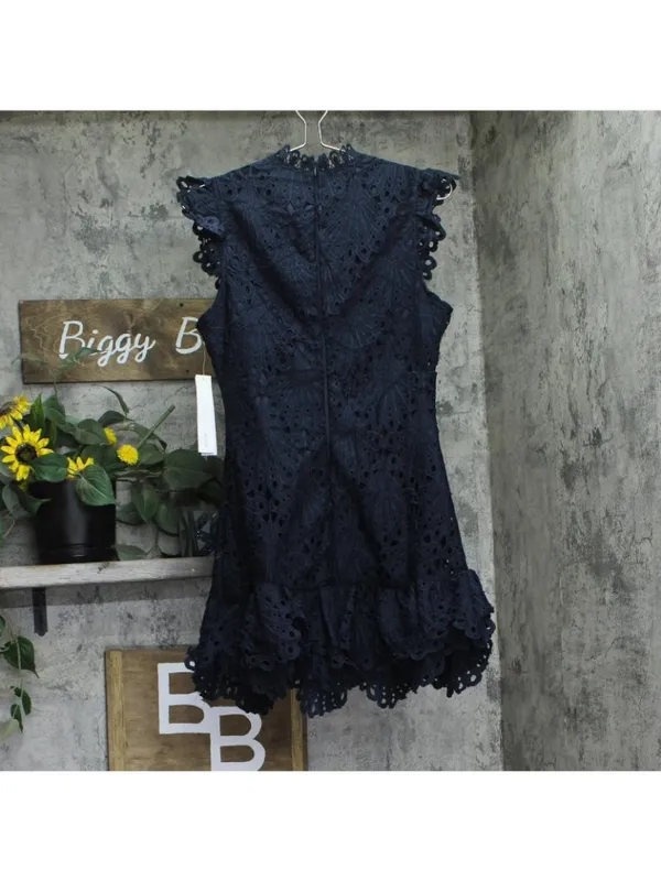 NWT Aqua Womens Mock Neck Lace Shift Mini Dress IDL9372 Navy Blue M - Image 3