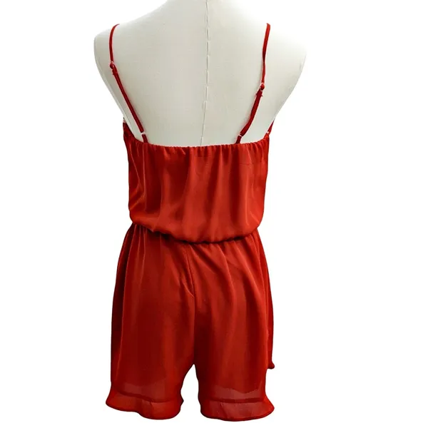 Everly Rust Burnt Orange Romper Adj Straps Flutter Tiered Legs - Image 2