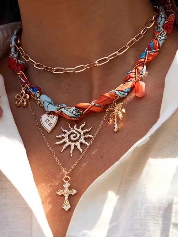 ☀️BOGOHO☀️Layered Sun & Cross Necklace Set with Orange & Blue Scarf Accent - Image 2