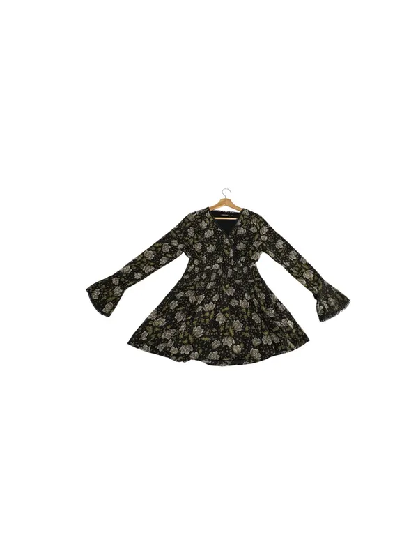 Doe & Rae Floral Mini Dress S Black Whimsigoth Bell Sleeve Smocked Boho - Image 4