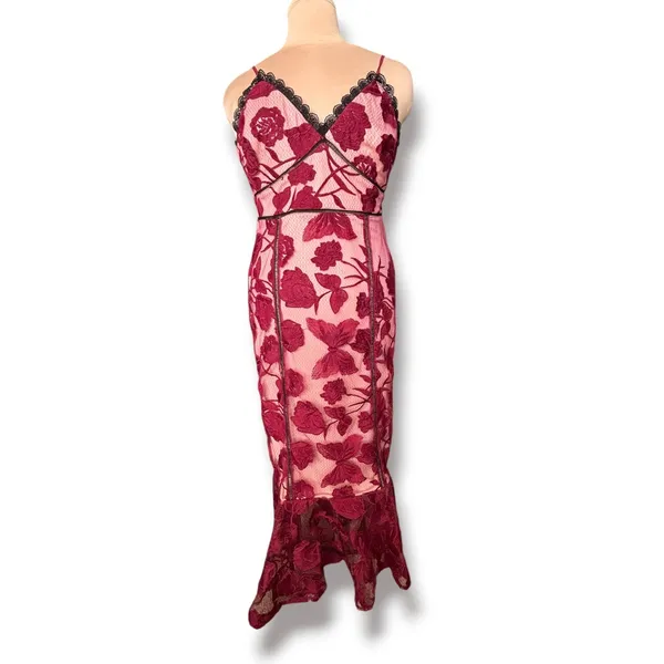 Lulus Alluring Dream Burgundy Floral Mesh Lace Trumpet Midi Dress Large Romantic - Image 2