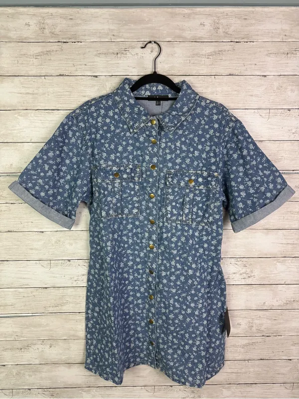 Lulus Renske Light Wash Floral Print Denim Mini Dress Size XL - Image 3