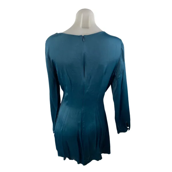Zara Green Silky Satin Ruched V Neck Long Sleeve Mini Flare A-Line Dress Size M - Image 4