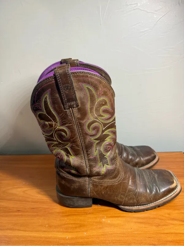 Ariat Womens Square Toe Dark Brown Cowgirl Boots Leather Western Purple Trim 8.5 - Image 8