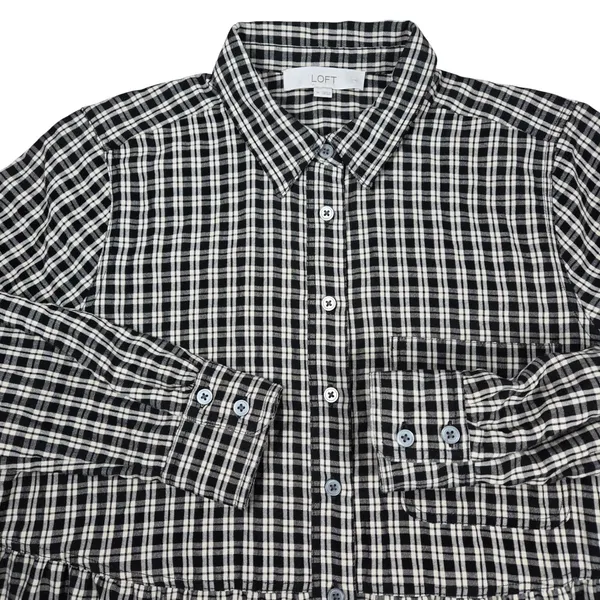 LOFT Womens Black Cream Plaid Tiered Shirt Dress Size M‎ Long Sleeve Gingham - Image 3