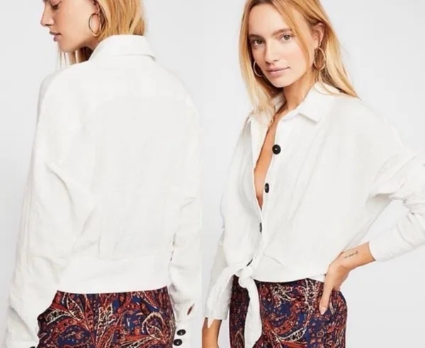Free People Sunstreaks Tie-Front Shirt White Gauze Button Down Boho Cropped LRG - Image 2