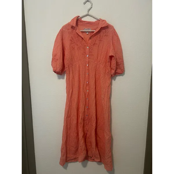 Johnny Was Size Medium Midi Dress Orla Puff Sleeve Embroidered Orange Preppy - Image 2