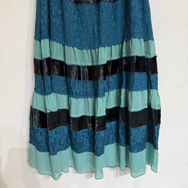Agapo Teal Tiered Velvet Jacquard Boho Midi Skirt Sz L - Image 4