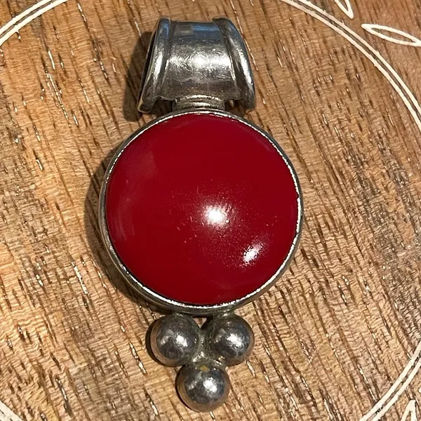 Vintage 925 Silver Red Coral Pendant signed necklace menswear womenswear - Image 2