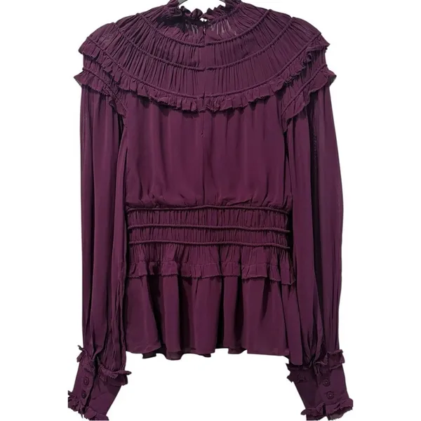 FARM RIO Ruffled Pleated Burgundy Purple Peplum‎ Blouse Sheer Sleeve Top XS - Image 5
