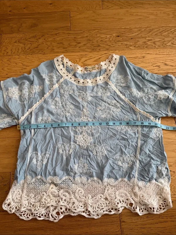 L - Democracy - Light Blue Boho Tunic with Cream Crochet Trim - Image 6
