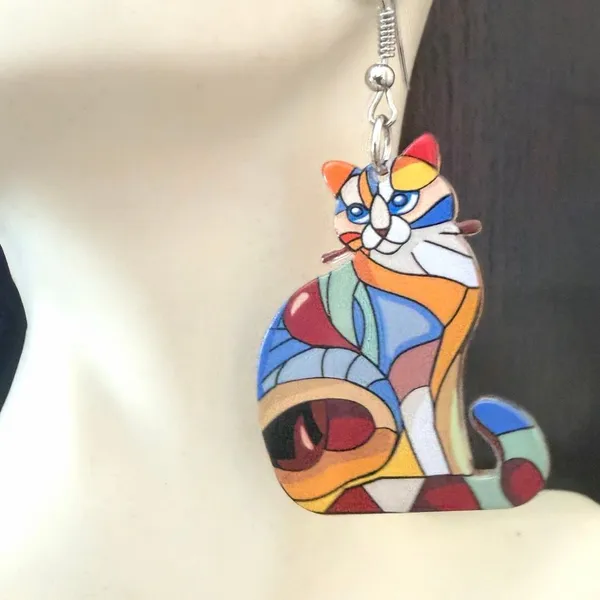 Colorful Stained Glass Style Cat Dangle Earrings - Image 5