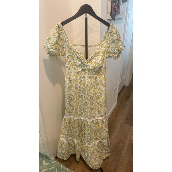 Japna Floral Cotton‎ Midi Dress Yellow White Puff Sleeve Tiered Lace Trim Size M - Image 5