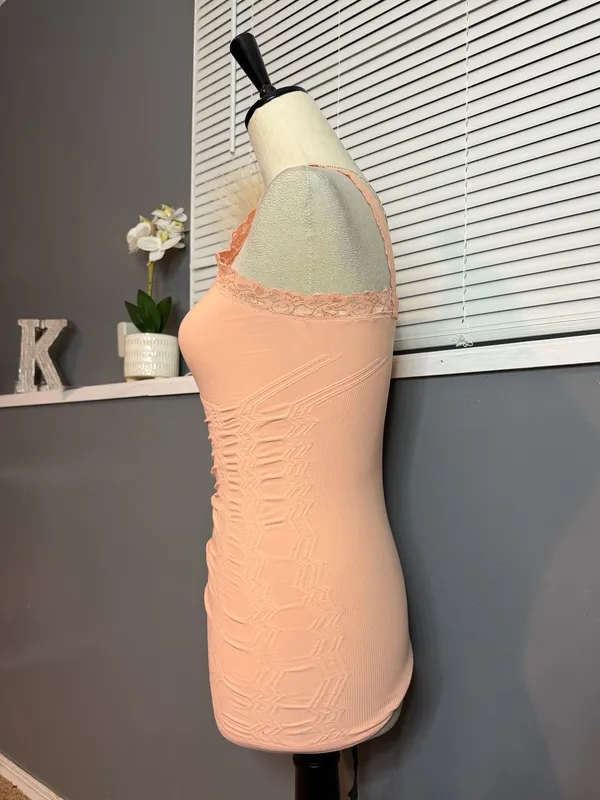 Peach Lace Ruched Fitted Cami Tank Top Small - Image 6