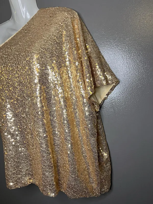 L Love Blouse Womens Medium Gold Sequin One Shoulder Asymmetrical Party Top - Image 4