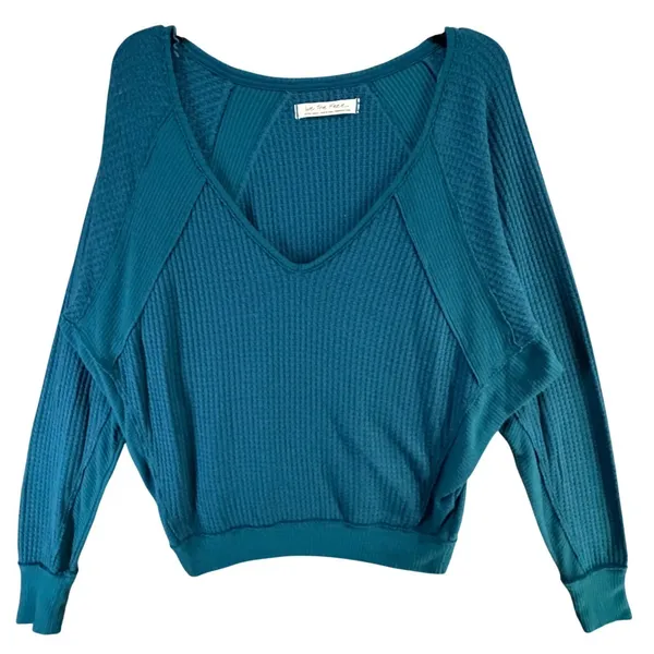 Free People We The Free Santa Clara Thermal Top XS Blue Waffle Knit Relaxed Boho - Image 2