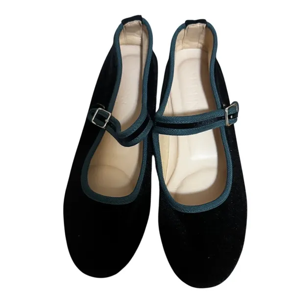 Sappun Black Teal Velvet Mary Jane Ballet Flats Buckle Strap Size Approx US 6.5 - Image 2