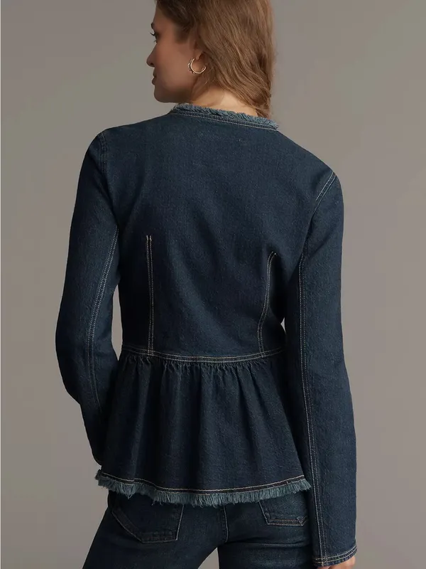 Pilcro Denim Jacket Womens Small Blue Excellent Peplum Collarless Raw Edge - Image 2