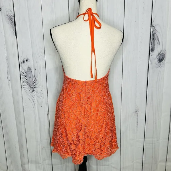 NBD Revolve Lace Overlay Floral Halter Dress Sz S Orange Mini A-Line Ribbon Tie - Image 8