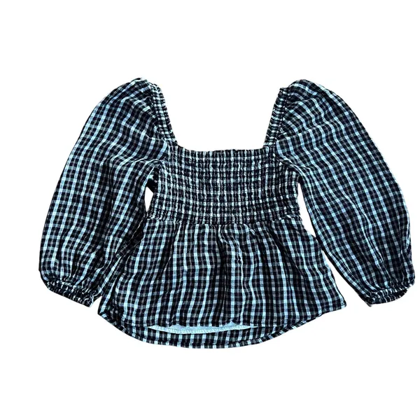 Abercrombie & Fitch Y2K Smocked B&W Gingham Square Neck Peplum Top Puff Sleeves - Image 2