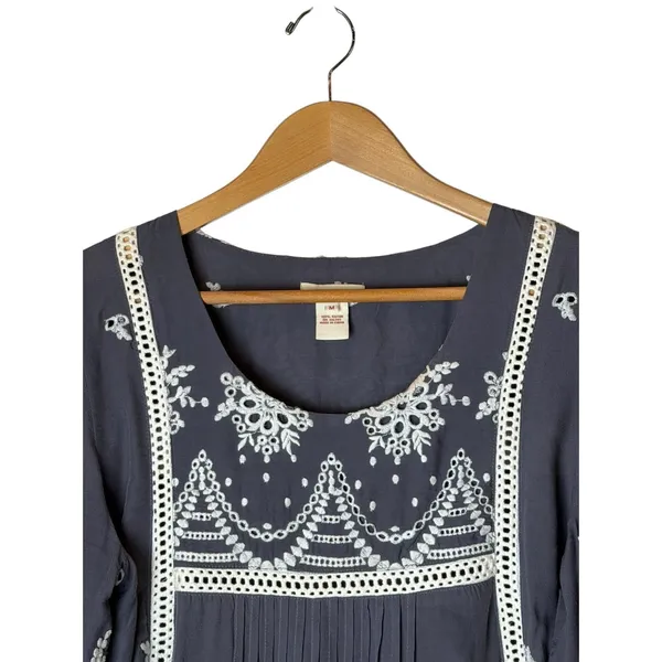 Sundance Embroidered Mini Dress Women Medium Gray Boho Eyelet Bell Sleeve - Image 4