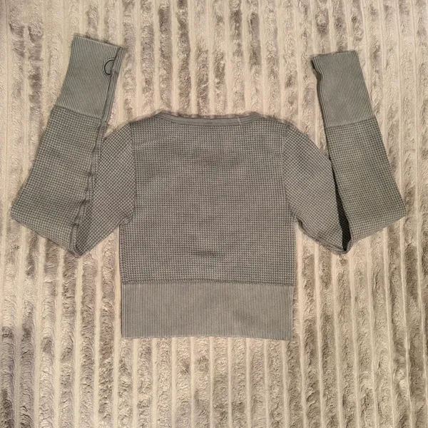 OFFLINE by Aerie Waffle Knit Henley Crop Top Sage Green XS‎ Thumbholes Thermal - Image 6