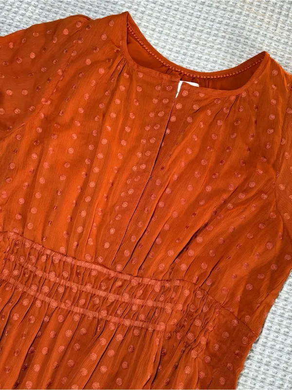 Anthropologie Fall Orange Polka V-Neck Short Sleeve Smocked Waist Short Dress L - Image 3