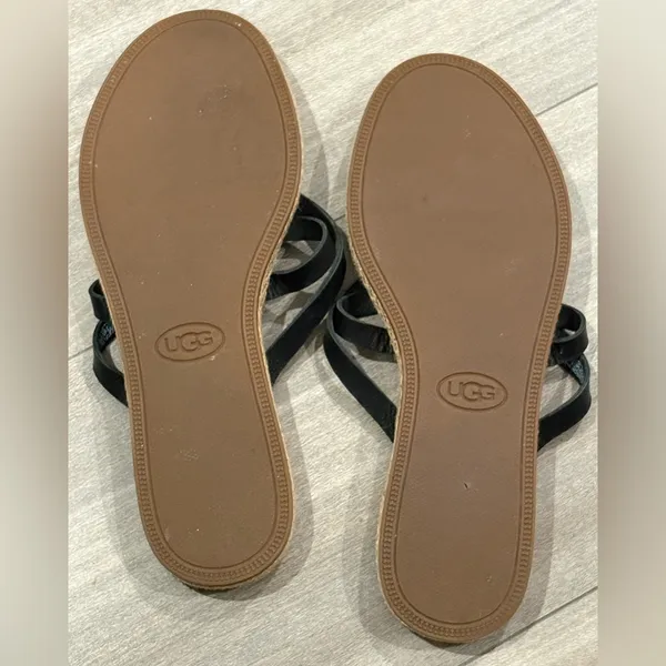 UGG Women's Black Leather Thong Sandals with Tan Footbed Size 7 - Image 2