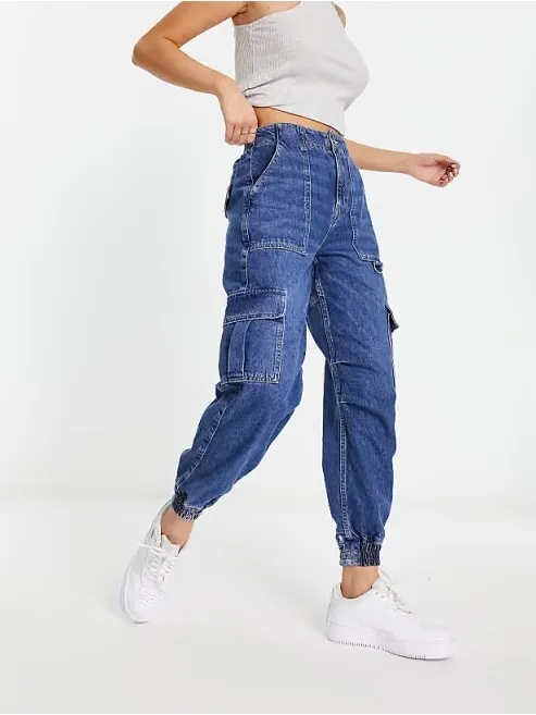 River Island High-Waist Blue Denim Cargo Jogger Jeans Size 10 NWT - Image 2