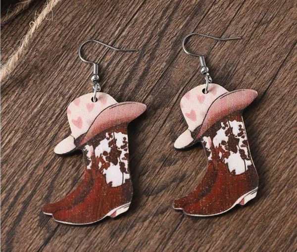 Cute little wooden cowgirl hat and boots dangling earrings - Image 3