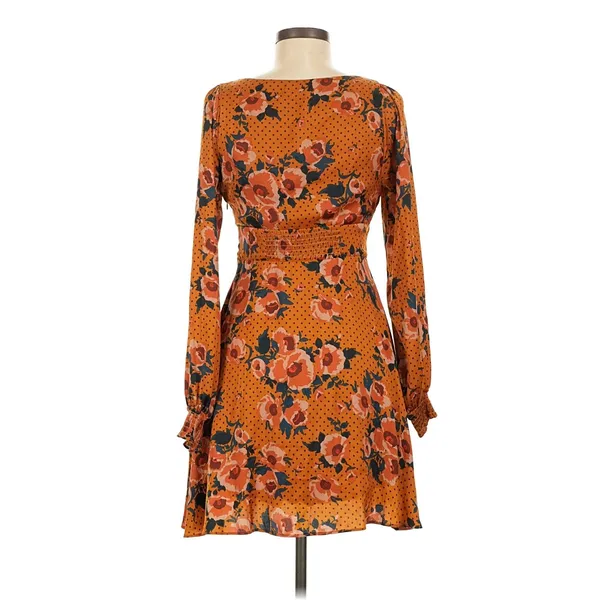 Free People Orange Floral Polka Dot Cutout Mini Dress Size 6 Long Sleeve - Image 2