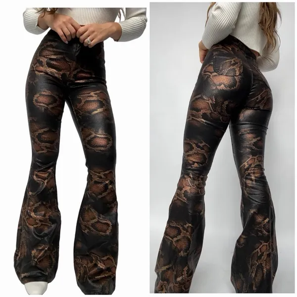 Willow Boutique XL Brown Snake Print Flare Pants High Rise Stretch Bell Bottom - Image 5