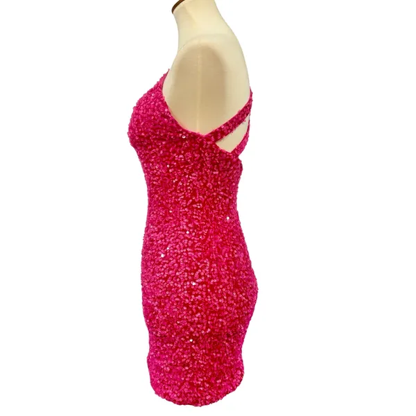 Hot Pink Sequin One Shoulder Mini Dress Barbiecore Y2K Party Hoco, Size S - Image 3