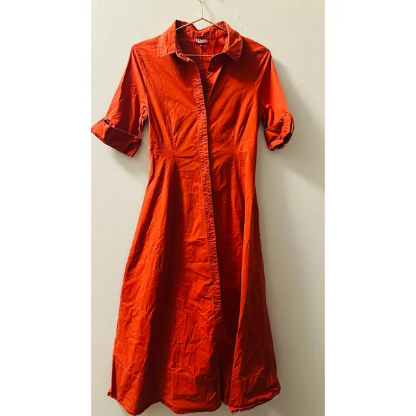 STAUD Red Cotton Blend Collared Neckline Front Button Closure Short Sleeve Dress - Image 2