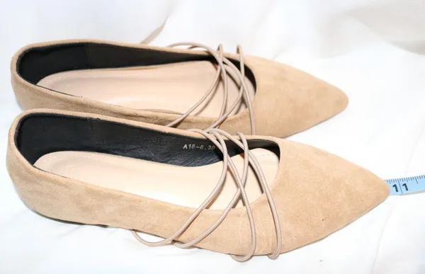 Tan Suede Pointed Toe Flats Ballet Cross Front Straps Strappy Detail - Image 5
