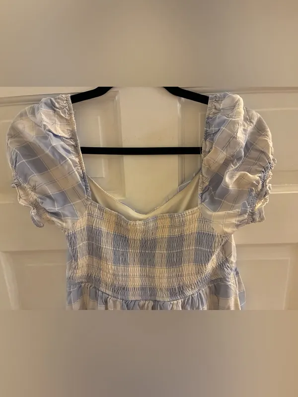 Prómesa Women’s Brand Light Blue and Cream Plaid Puff Sleeve Dress Size Small - Image 5