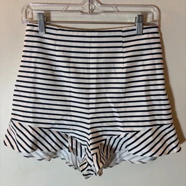 Zara Navy White Striped Ruffle Hem High Waisted Shorts Size Small‎ - Image 2